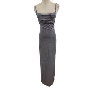 Vtg 90s Sliver Lurex Gown Bodycon Maxi Empire Waist Sz S NYE Holiday Party Event